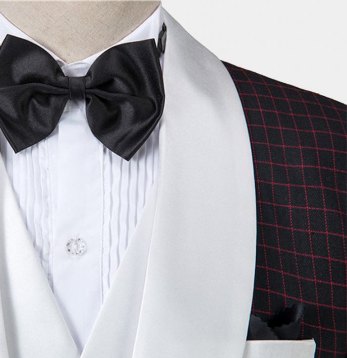 Burgundy Checkered Tuxedo Three-Piece Prom Suit with White Lapel