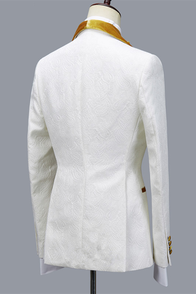 Cyrus Three-Piece Jacquard White Wedding Suit with Velvet Lapel