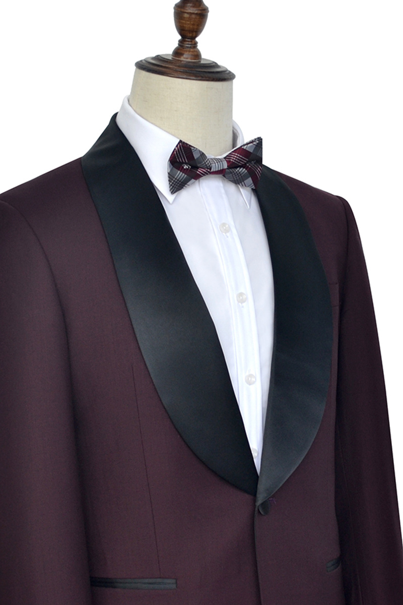 Luxury Black Shawl Collar One-Button Burgundy Wedding Suit