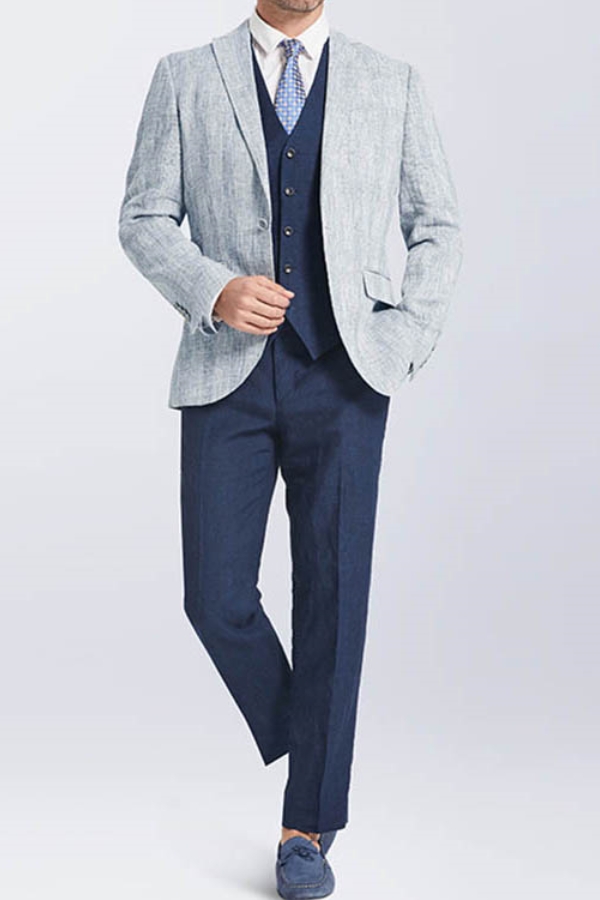 Peak Lapel Light Grey One Button Pure Linen Blazer