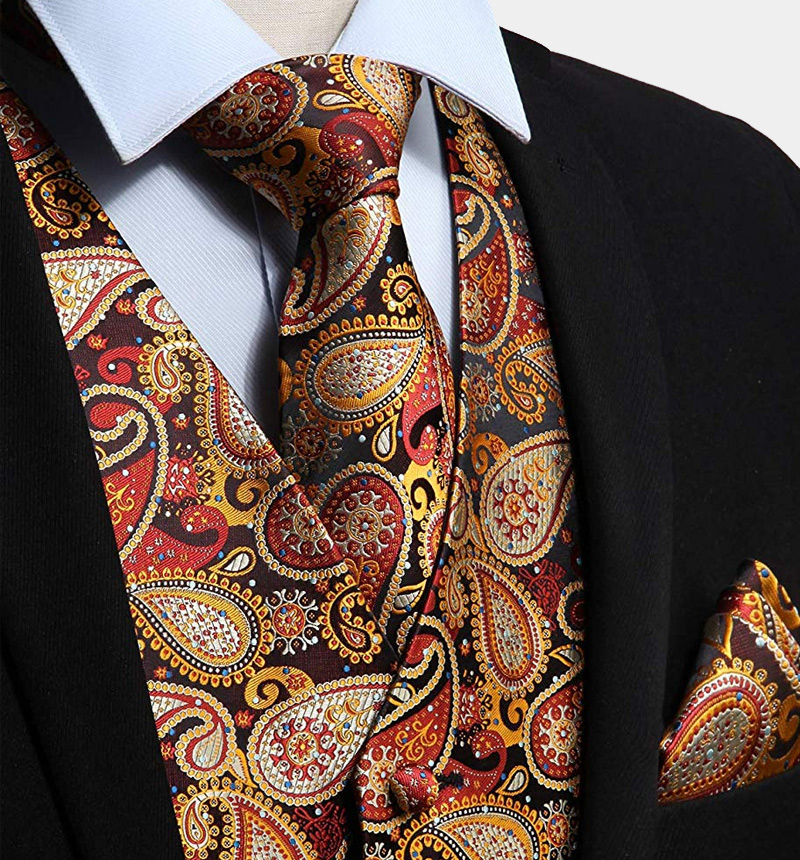 Orange Paisley Slim Fit Vest Set