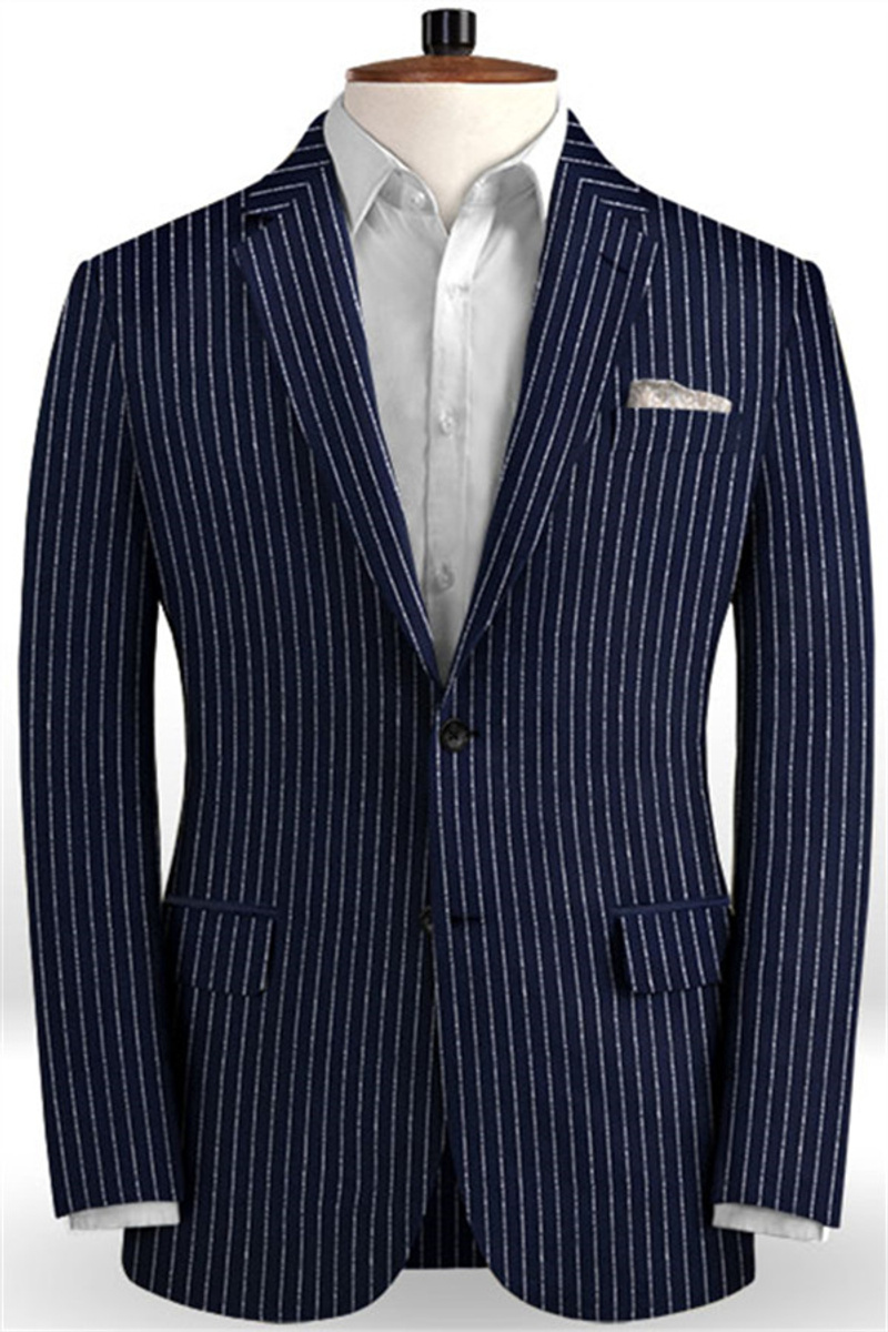 Dark Blue Linen Formal Tuxedo Business Striped Two Piece Men Suit