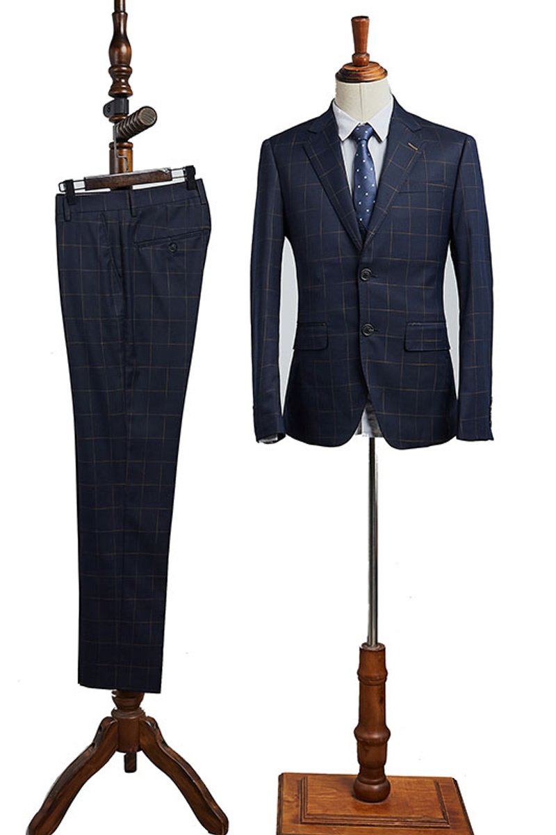 Carr Modern Navy Check Notched Lapel Two Button Slim Fit Suit