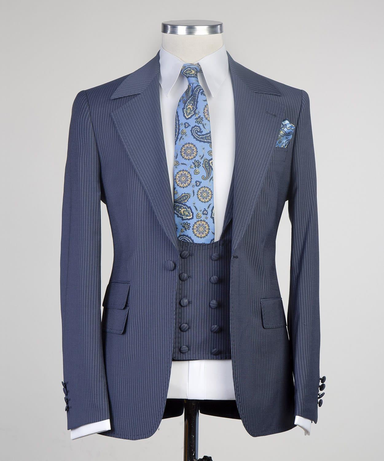 Navy Pinstripes Notch Lapel Three-Piece Suit Striped Suit