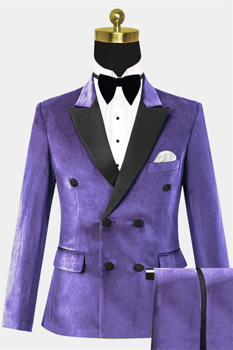 Purple Double-Breasted Suit Two-Piece Velvet Tuxedo