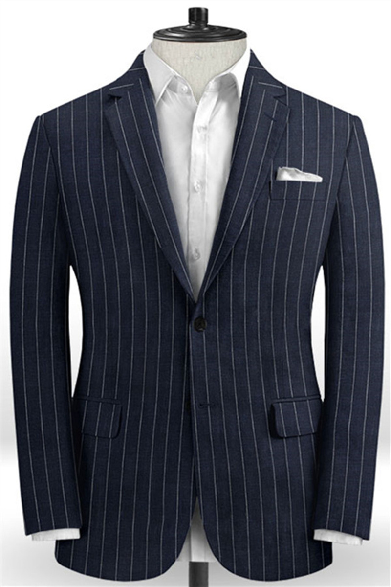 Marvin Dark Blue Linen Casual Tuxedo Striped Slim Fit Suit