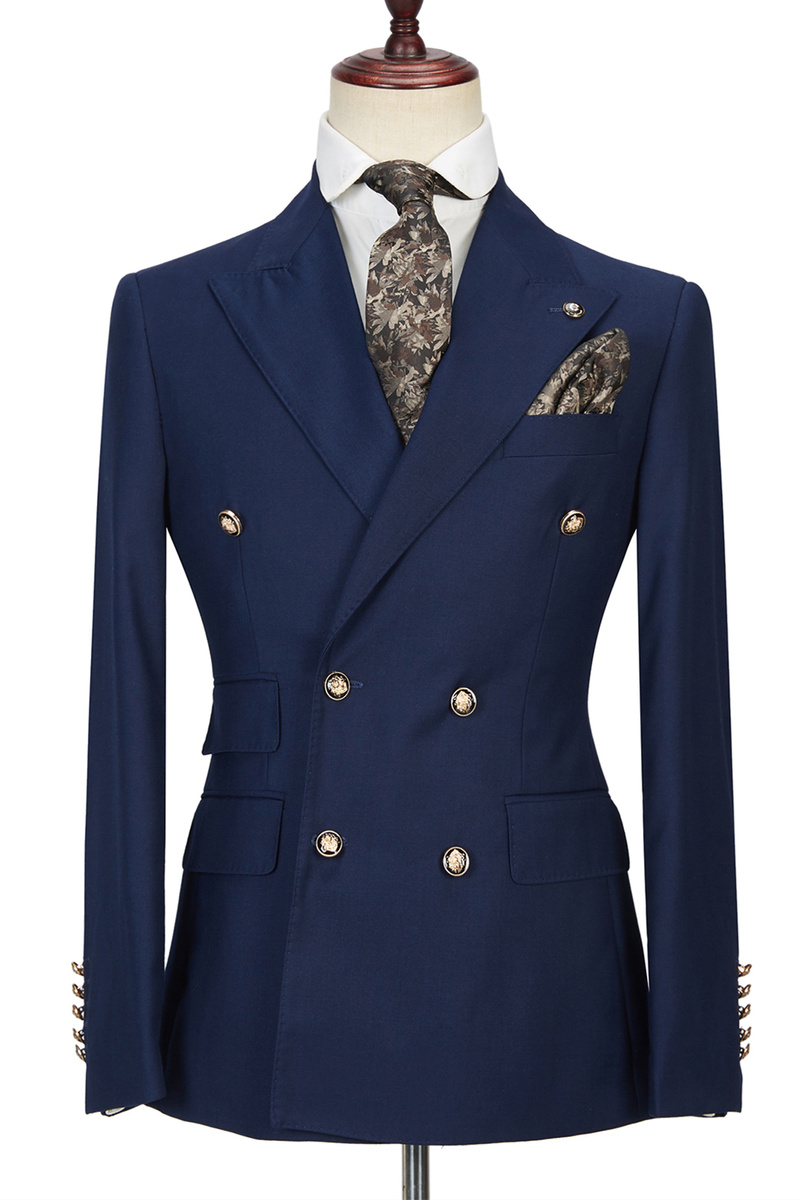 Morris Dark Navy Peak Lapel Double-Breasted Formal Suit for Prom