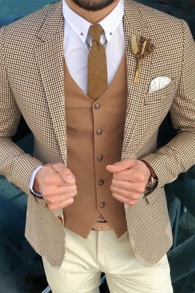 Camel Houndstooth Three Pieces Men Blazer Custom Slim Fit Jacket