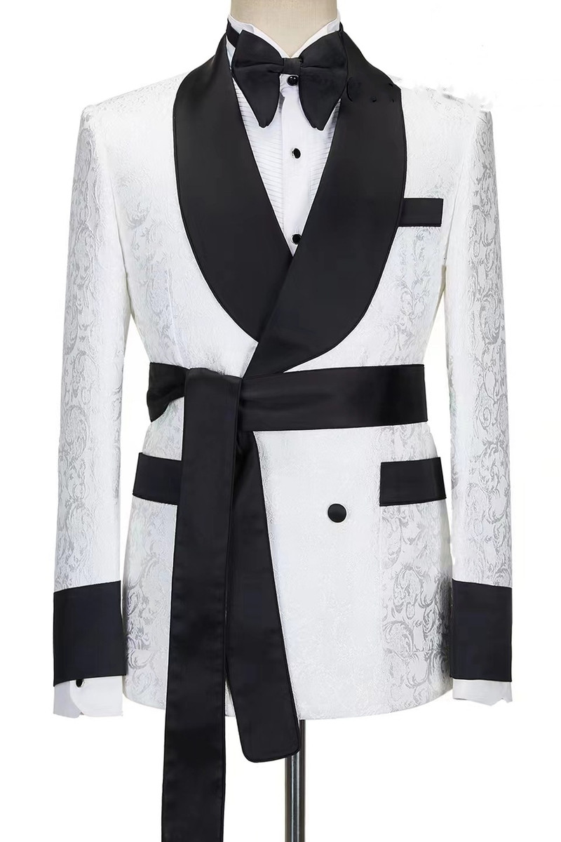 White Men's Nightgown Suit with Shawl Collar Banquet Prom Suit with Belt