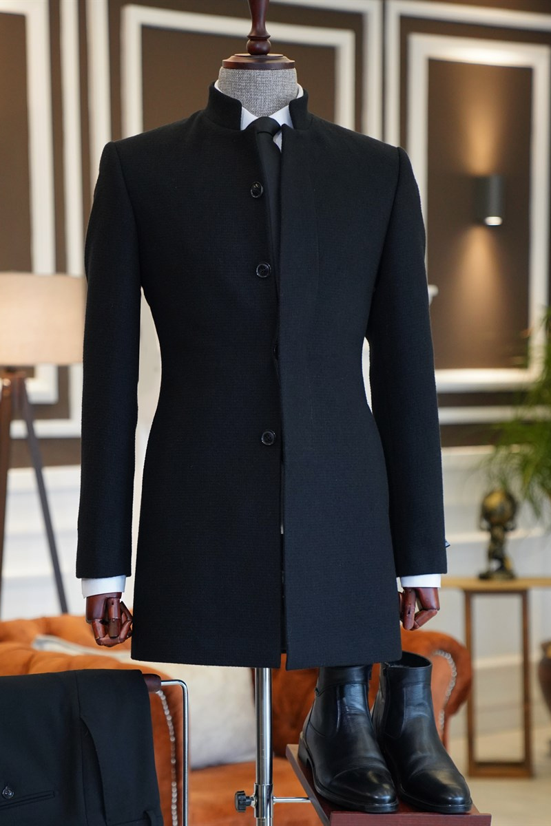 Mark All Black Stand Collar Slim Fit Tailored Wool Jacket For Business