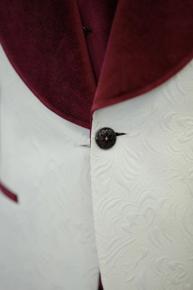 bella Burgundy Velvet Shawl Lapel Jacquard Slim Fit Three-Piece Tuxedo