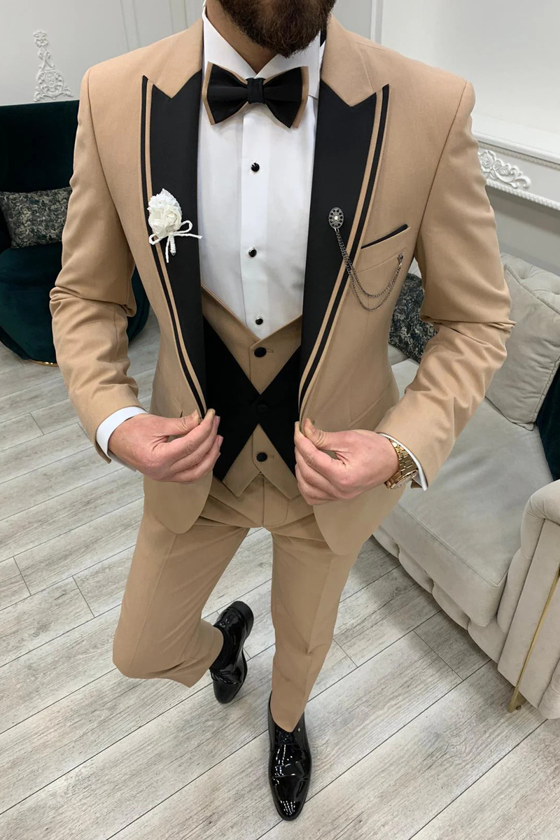 Italian Gold Slim Striped Peak Lapel Three-Piece Tuxedo