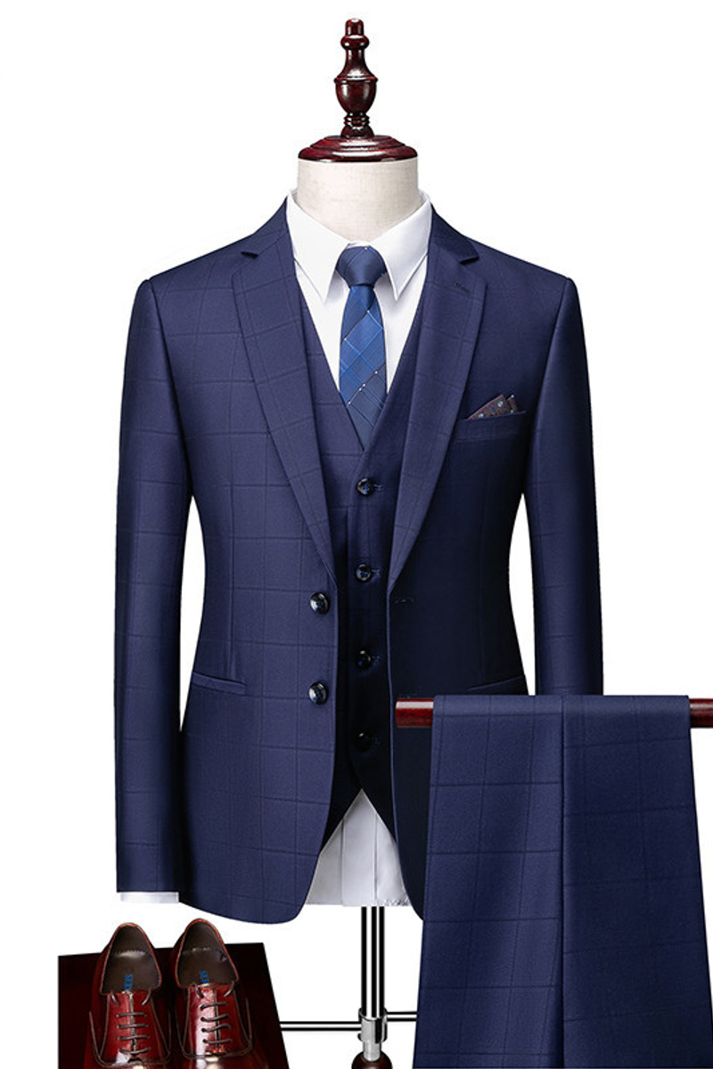 Javon Dark Navy Check Slim Fit Three Piece Notched Lapel Suit