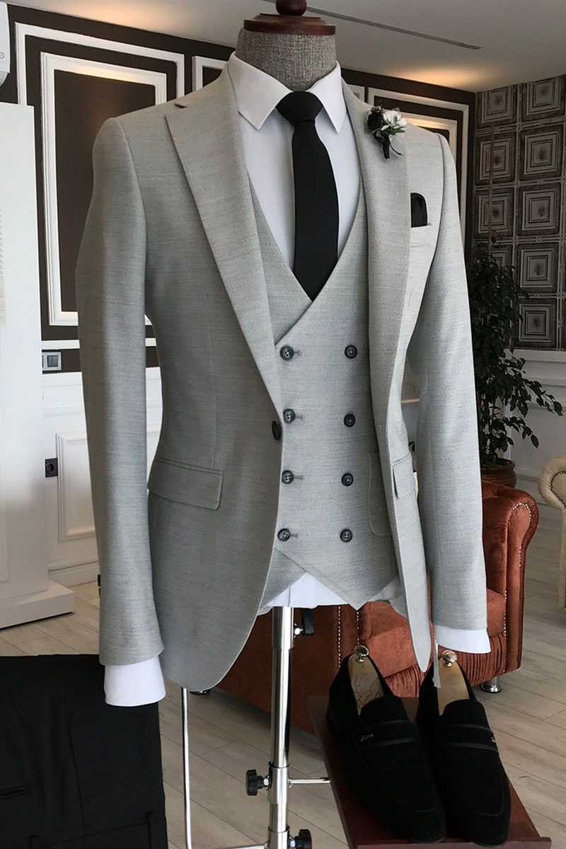 Formal Light Grey Three Piece Notched Lapel Double Breasted Vest Business Suit