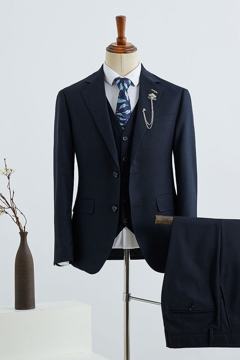 Booth Formal Navy Striped Three-Piece Slim Fit Tailored Suit