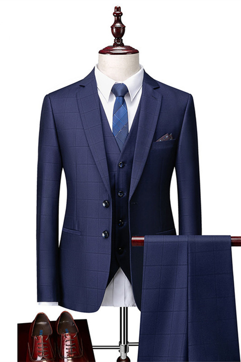 Javon Dark Navy Check Slim Fit Three Piece Notched Lapel Suit