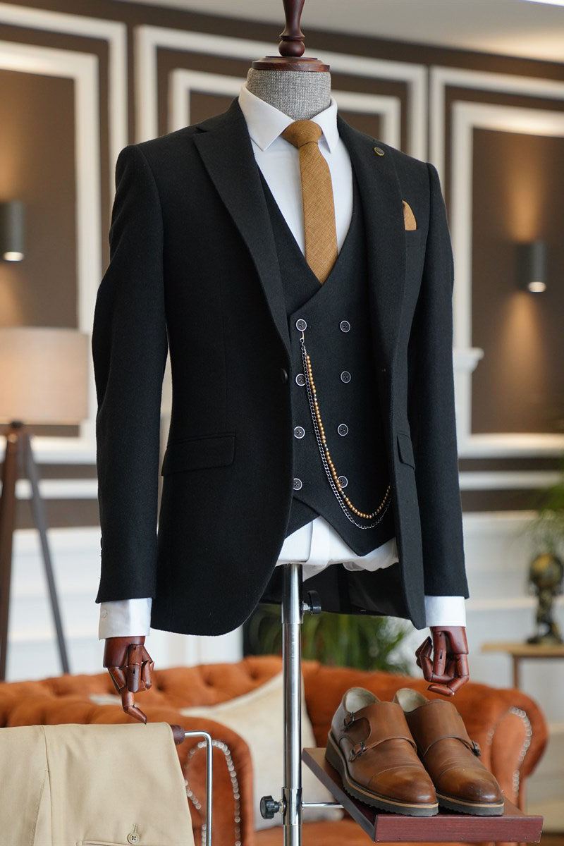 Patrick Formal Black Three-Piece Notched Lapel Business Suit
