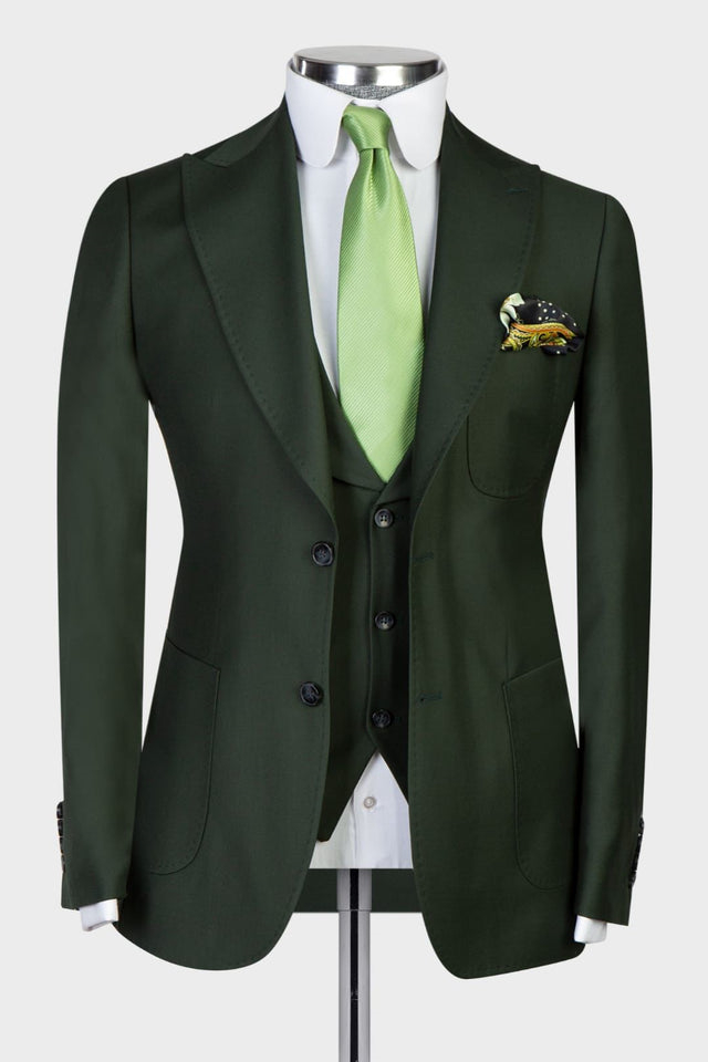 Chic Dark Green Pointed Lapel Three-Piece Business Suit