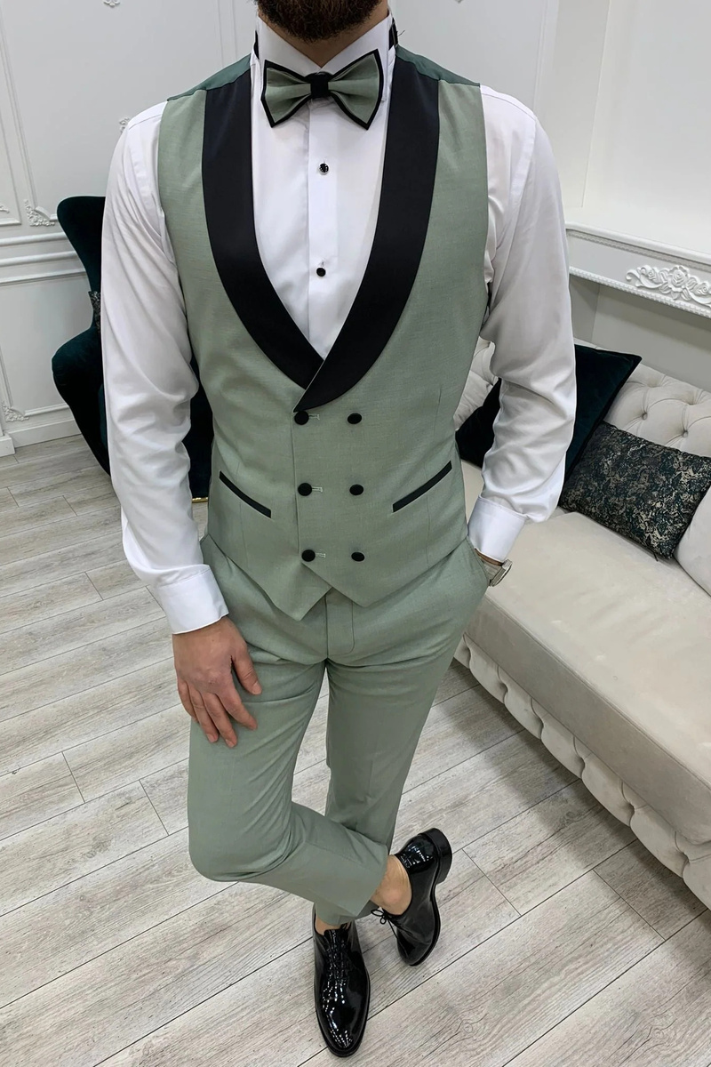 Modern Water Green Slim Velvet Peak Collar Three Piece Tuxedo