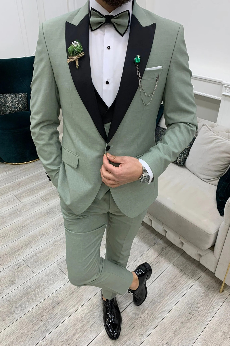 Modern Water Green Slim Velvet Peak Collar Three Piece Tuxedo