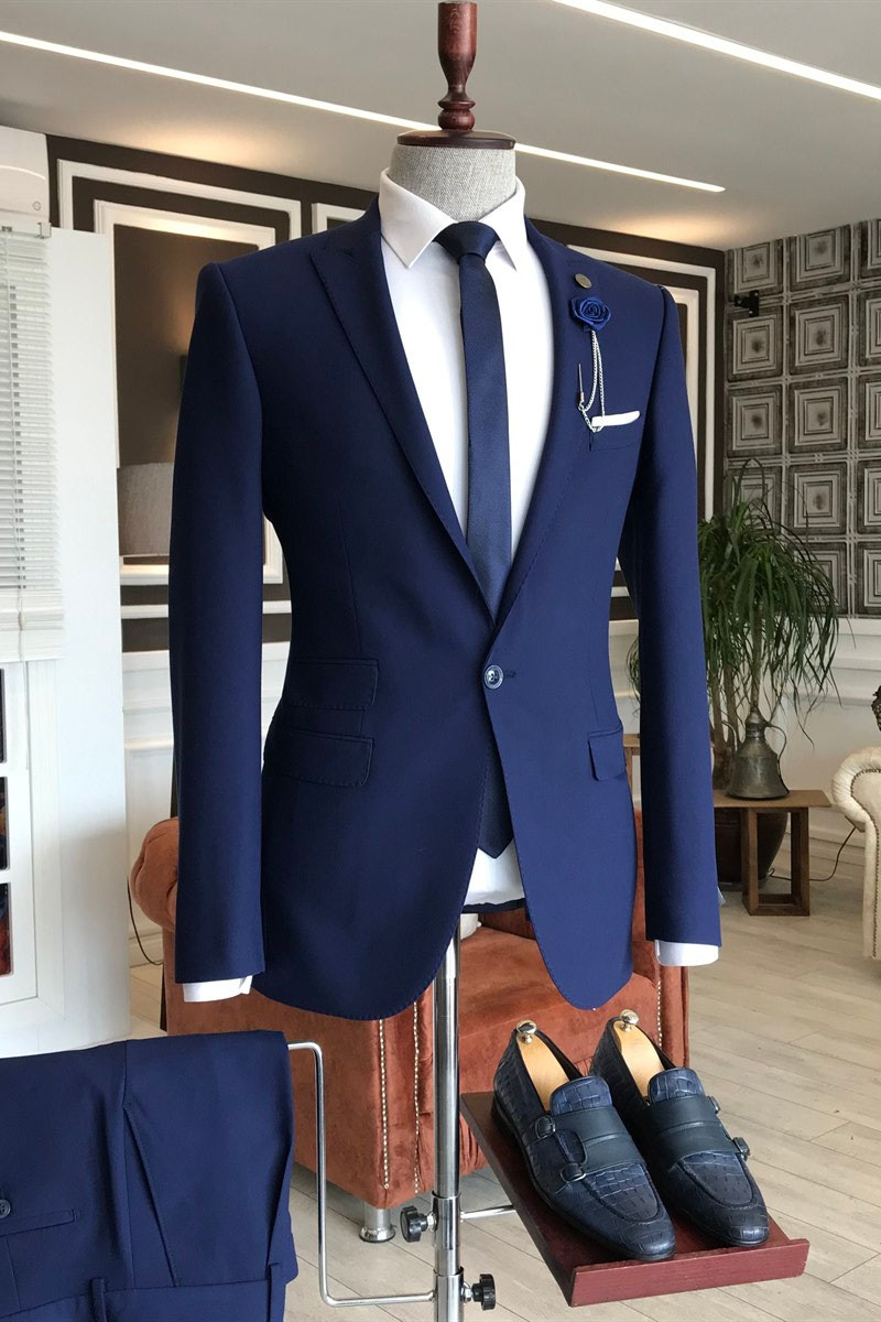 Howar Navy Blue Pointed Lapel Three-Flap Business Suit