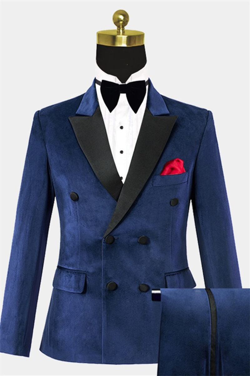 Navy Double-Breasted Velvet Tuxedo Tailored Suits