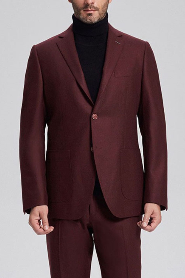 Burgundy Solid Color Patch Pocket Chic Suit