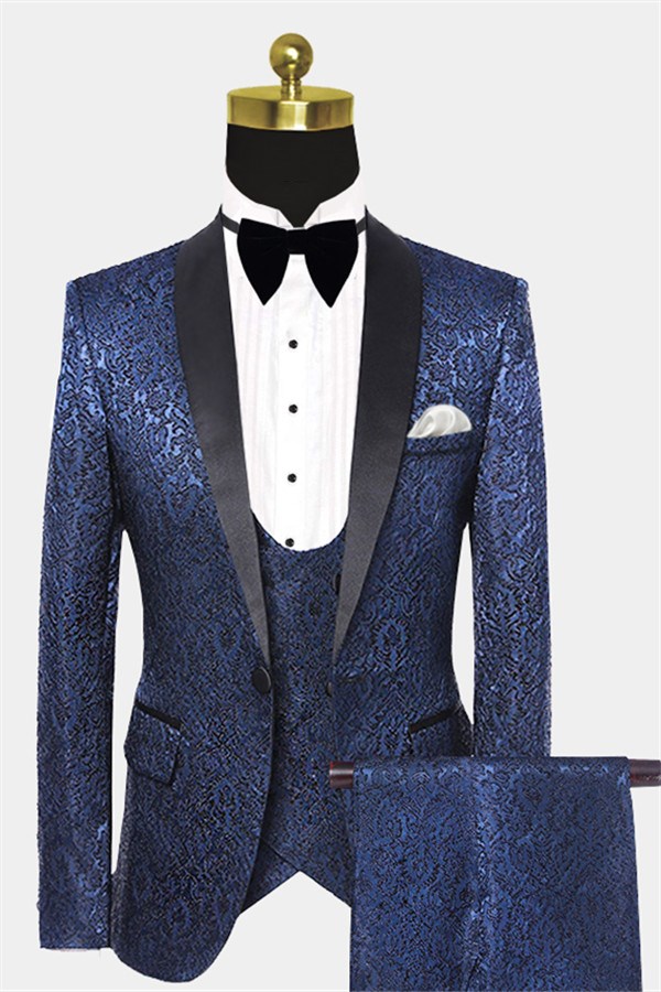 Navy Blue Damask Tuxedo Modern Three-Piece Suit
