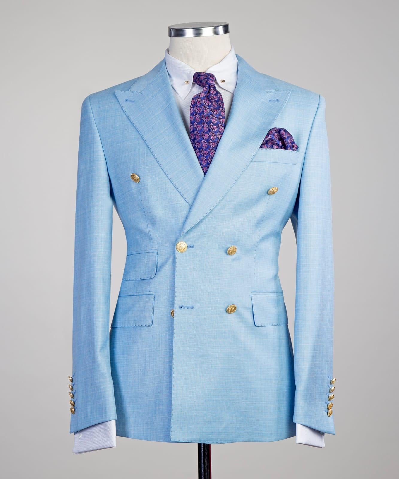 Sky Blue New Arrival Point Collar Double Breasted Two-Piece Prom Suit