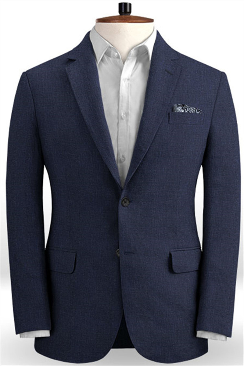 Dark Blue Linen Beach Groom Suit Slim Fit Wedding Tuxedo