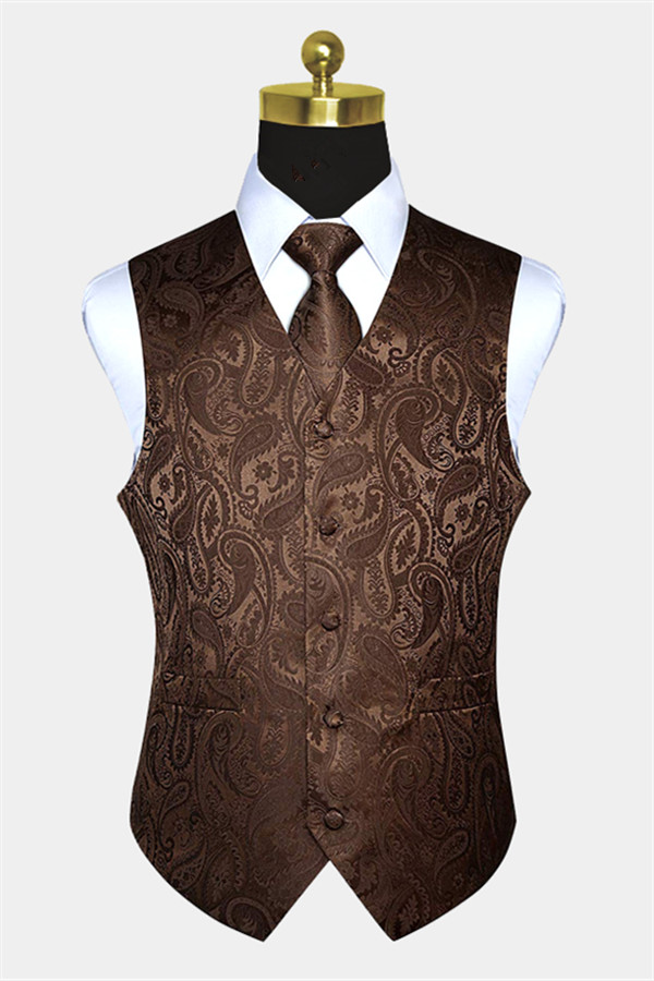 Brown Paisley Waistcoat With Tie