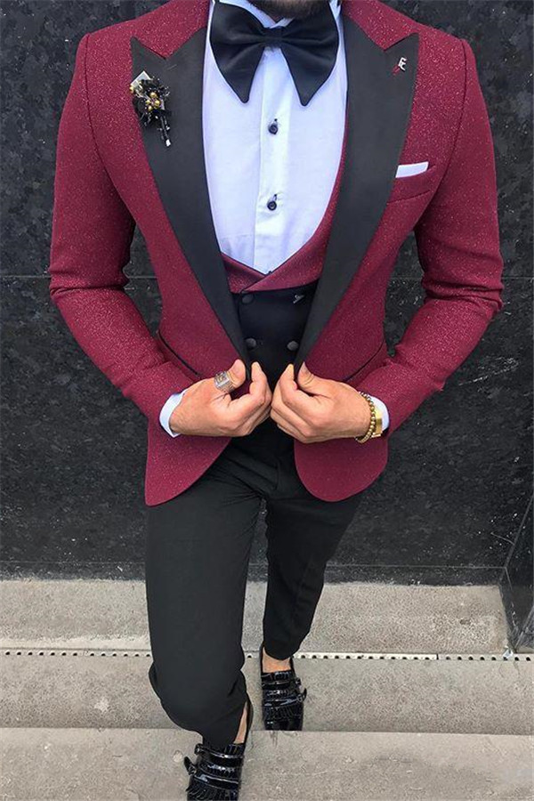 Burgundy Slim Fit Point Lapel Three Piece Men Suit