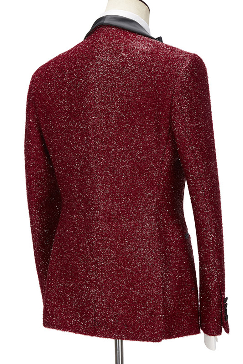 Damon Sparkle Red Three-Piece Wedding Suit with Black Shawl Lapel