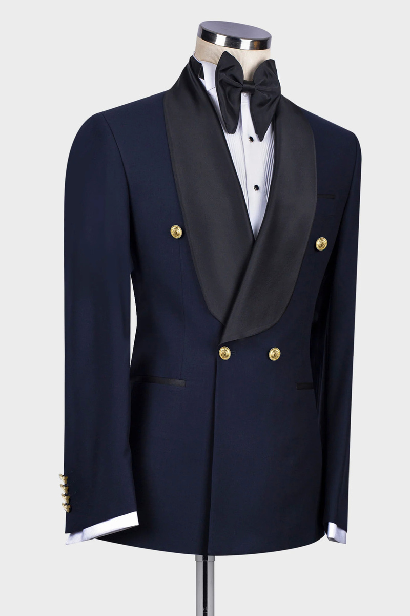 Navy Blue Double-Breasted Wool Blend Shawl Collar Men's Wedding Suit with Gold Buttons