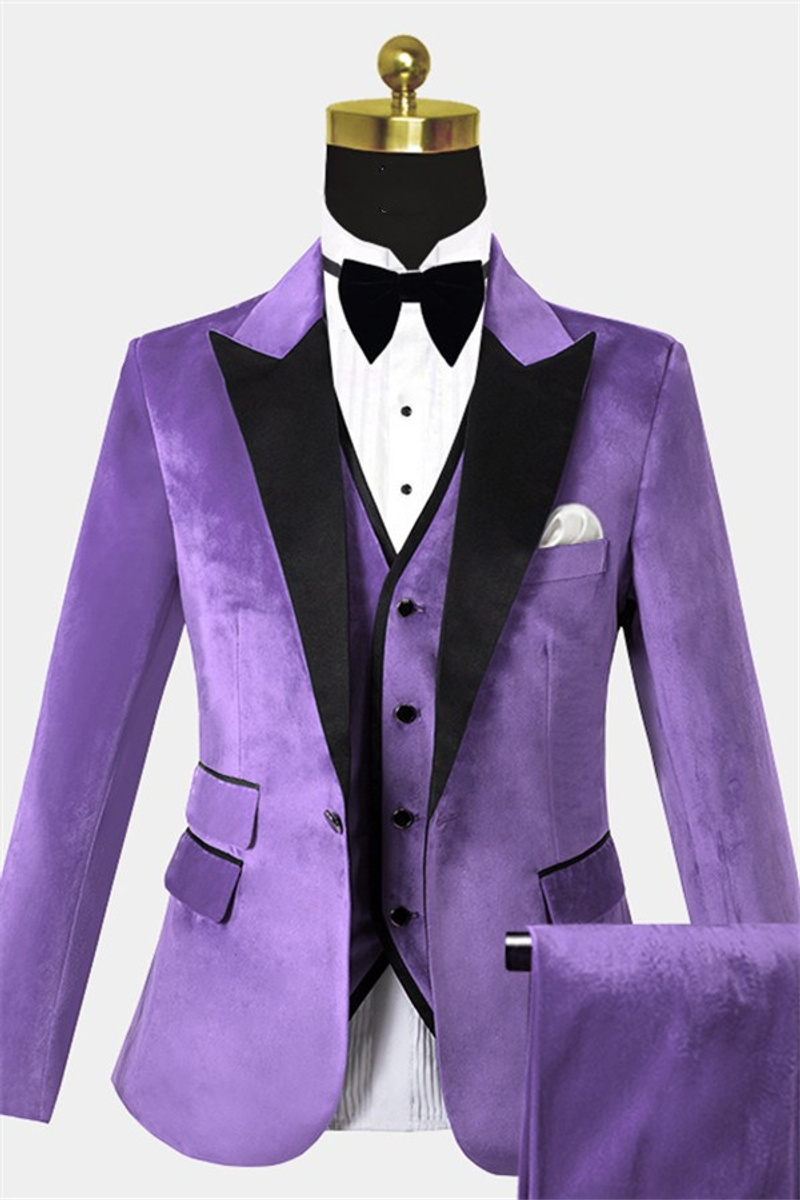 Iris Purple Velvet Tuxedo with Pointed Lapel Three-Piece Slim Fit Prom Suit