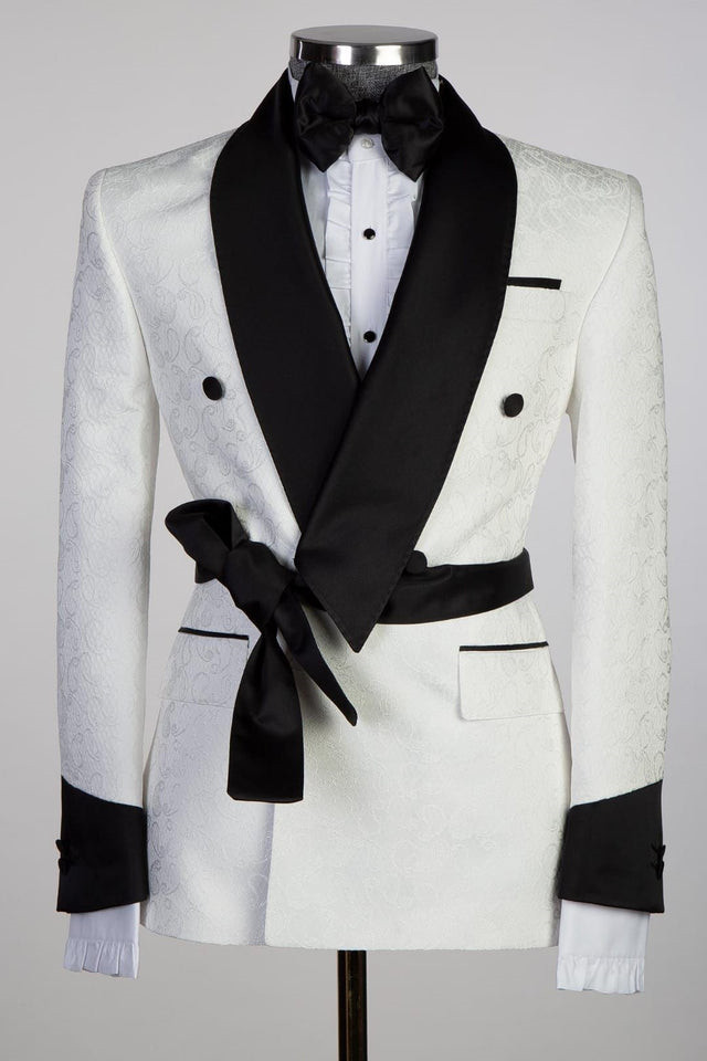 Cuthbert Fashion White Double-Breasted Shawl Lapel Jacquard Wedding Suit