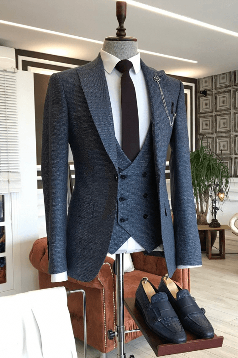 Devin Modern Dark Blue Plaid Three-Piece Pointed Lapel One-Button Fitted Suit