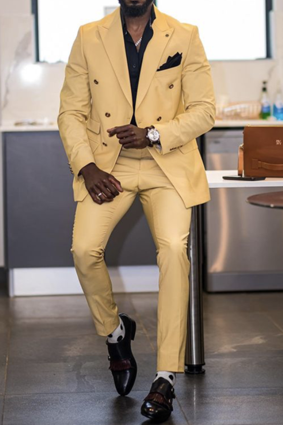 Yandel New Yellow Double Breasted Point Lapel Men Suit