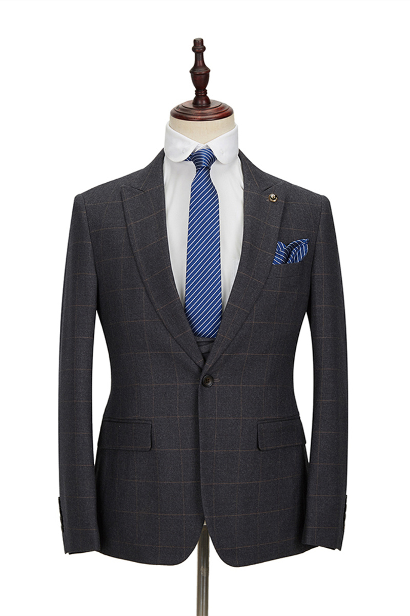 Dark Grey Plaid Peak Lapel Three-Piece Suit with Double-Breasted Waistcoat