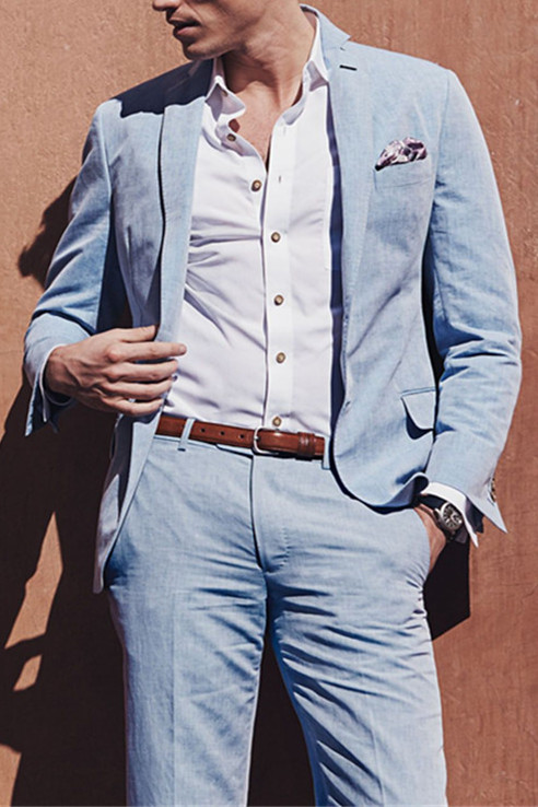 Fashion Casual Sky Blue Summer Suit Two-Piece Linen Beach Wedding Suit