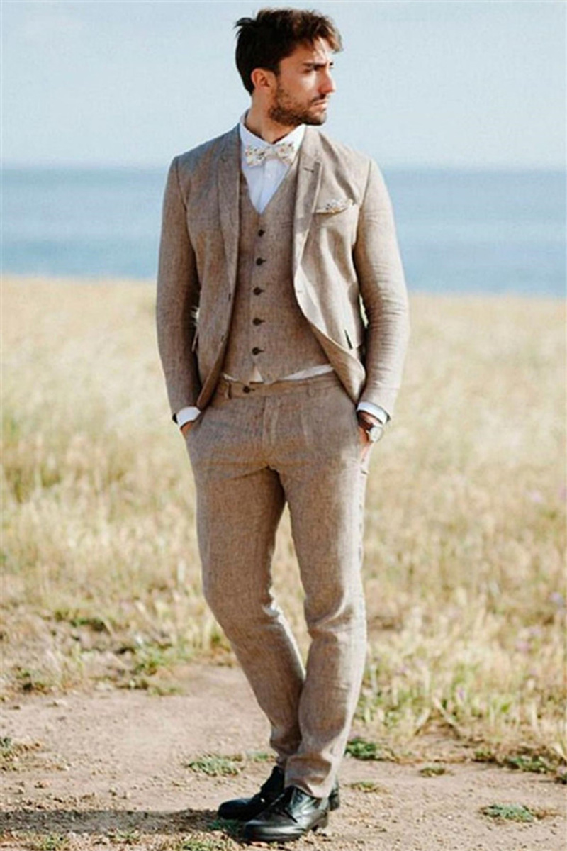 Khaki Linen Summer Beach Classic Suit Three-Piece Groom Wedding Tuxedo