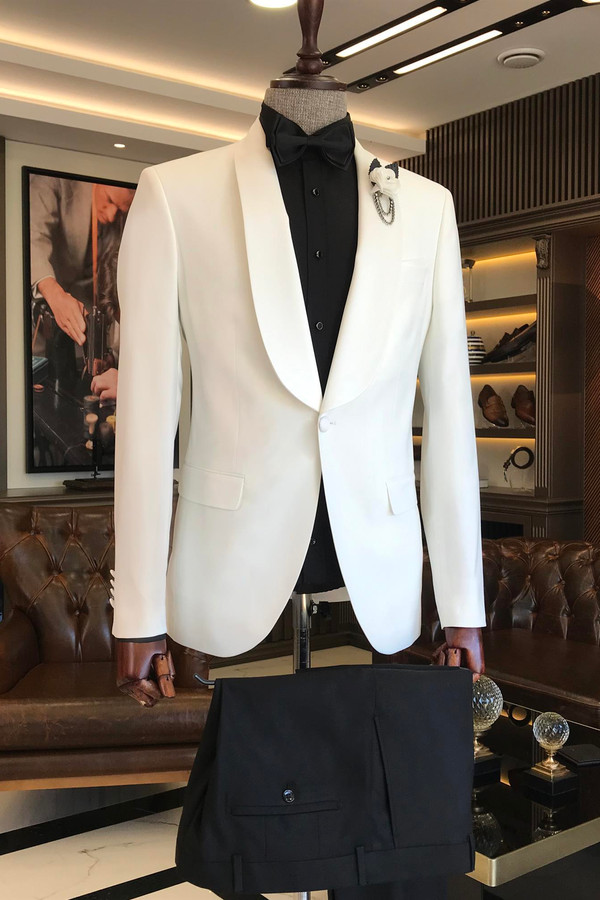 One Button White Shawl Lapel Wedding Suit｜Black Pants