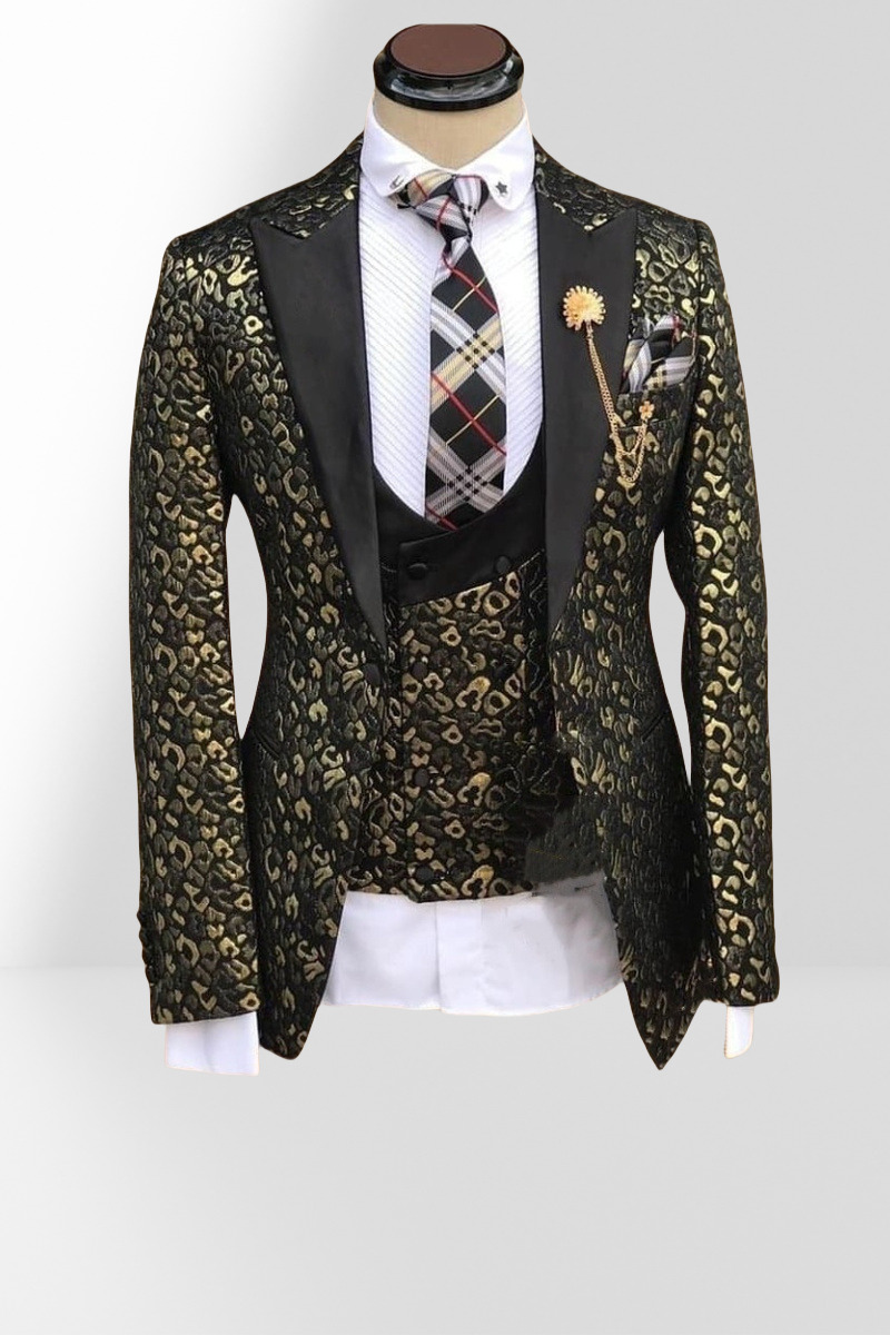 Black Peak Lapel Collar Stitching Gold Leopard Jacquard Three-Piece Suit