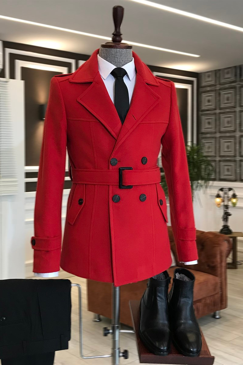 Kent Fashion Red Notched Lapel Tie Belt Prom Winter Jacket