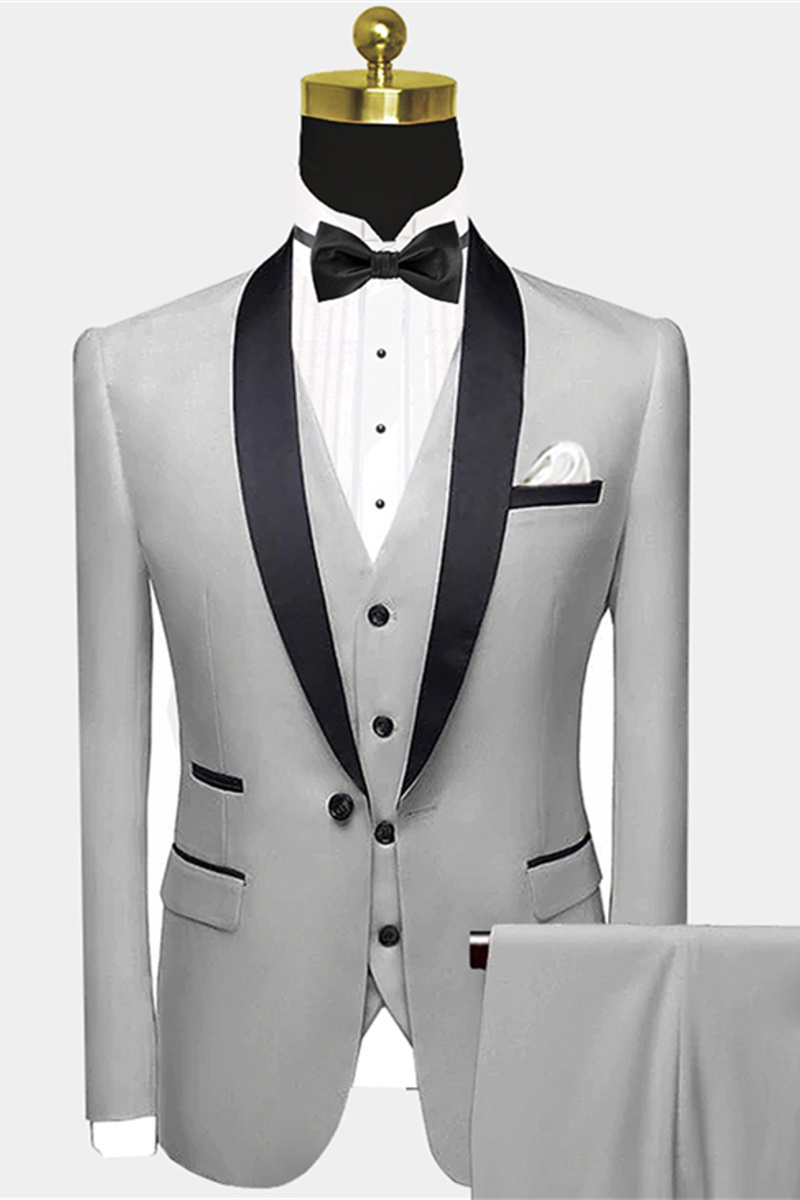 Advanced Silver Grey Prom Suit Black Satin Shawl Lapel Wedding Tuxedo for Groom and Groomsmen - Wayne