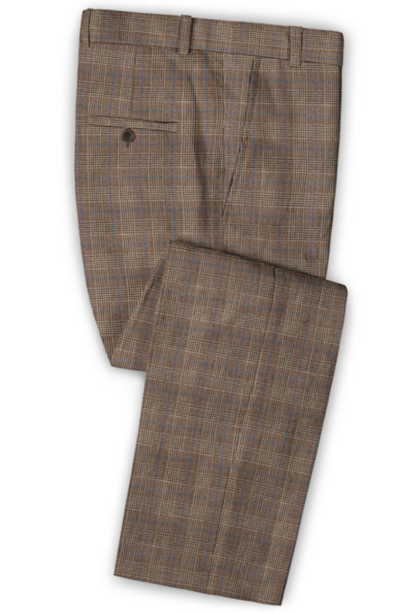 Brown Casual Two-Piece Suit Linen Plaid Slim Fit Tuxedo