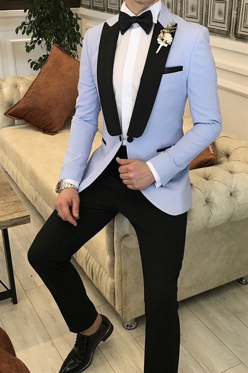 John's New Sky Blue One-Button Slim Fit Suit with Black Pointed Lapel