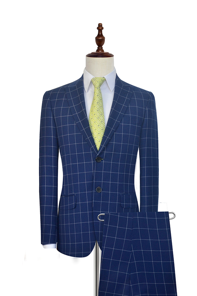 Flap Pocket Peak Lapel Grey Plaid Navy Blue Suit