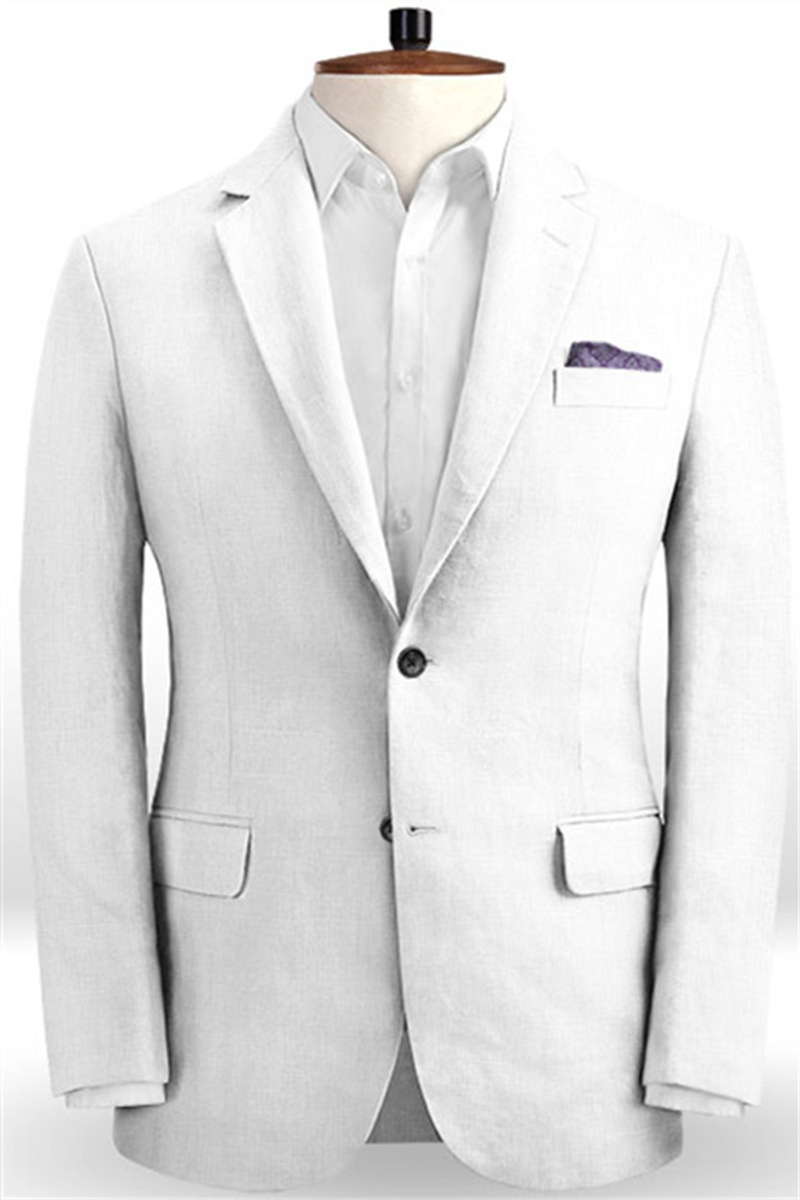 Summer White Groom Tuxedo Linen Notch Lapel Men Party Ball Business Suit