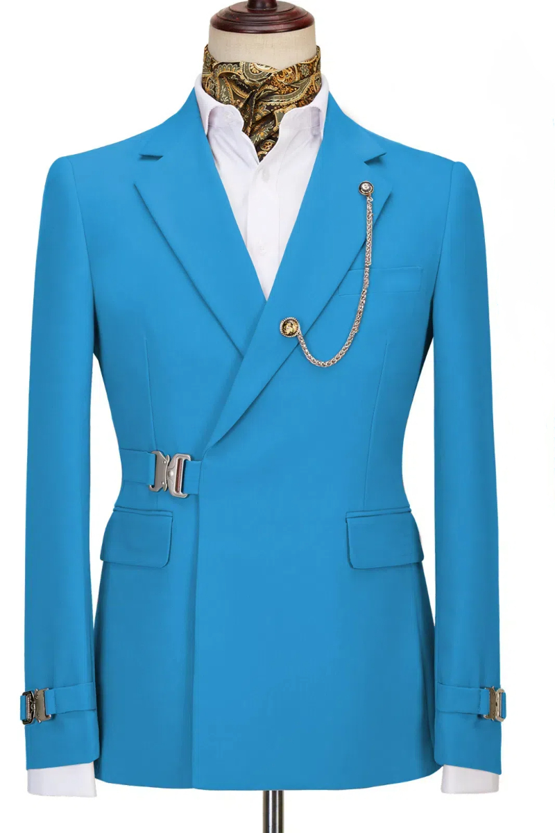 Stylish Blue Slim Open Collar Two Piece Prom Suits